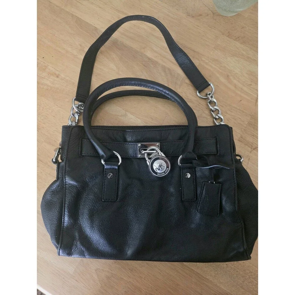 Michael Kors Black Satchel Top Handle Bag w/ Silver Lock, Chain Strap Leather